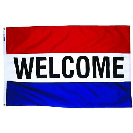 Red white and blue horizontal welcome real estate flag